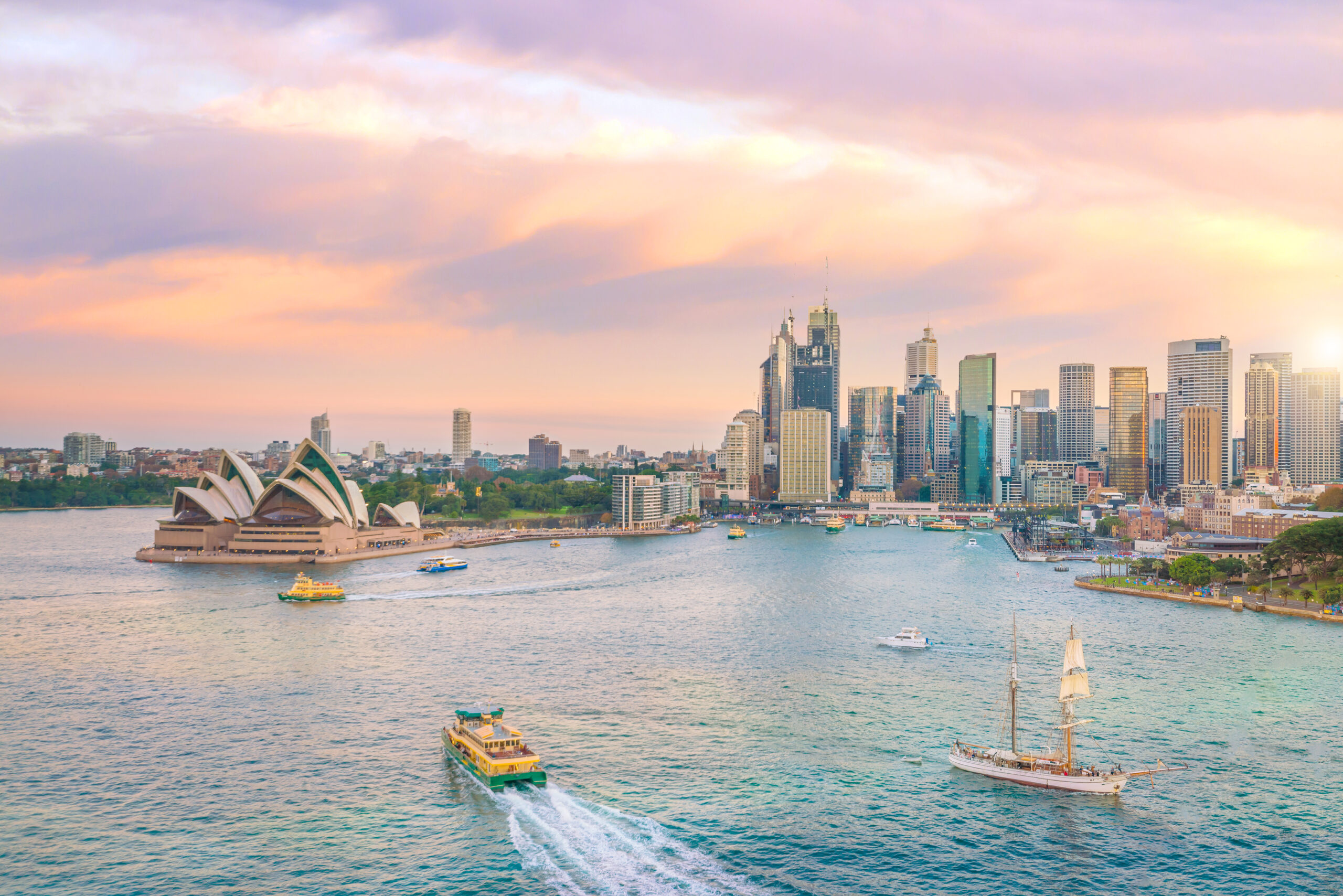 Downtown Sydney skyline in Australia from top view at twilight