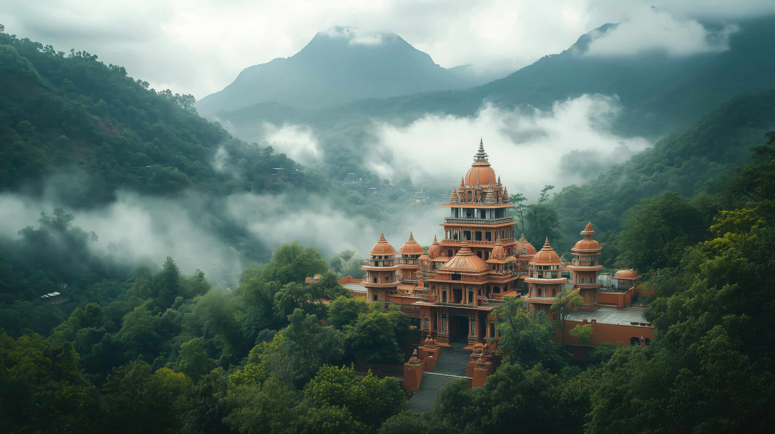 A panoramic view of the Temple nestled in the green mountains, India, muted color, white clouds. with a distant mountain range behind. Captured with a wide-angle lens. Cinematic --ar 16:9 --stylize 250 --v 6.1 Job ID: 13436433-2381-44c4-ac5f-7148c4c4b2a5