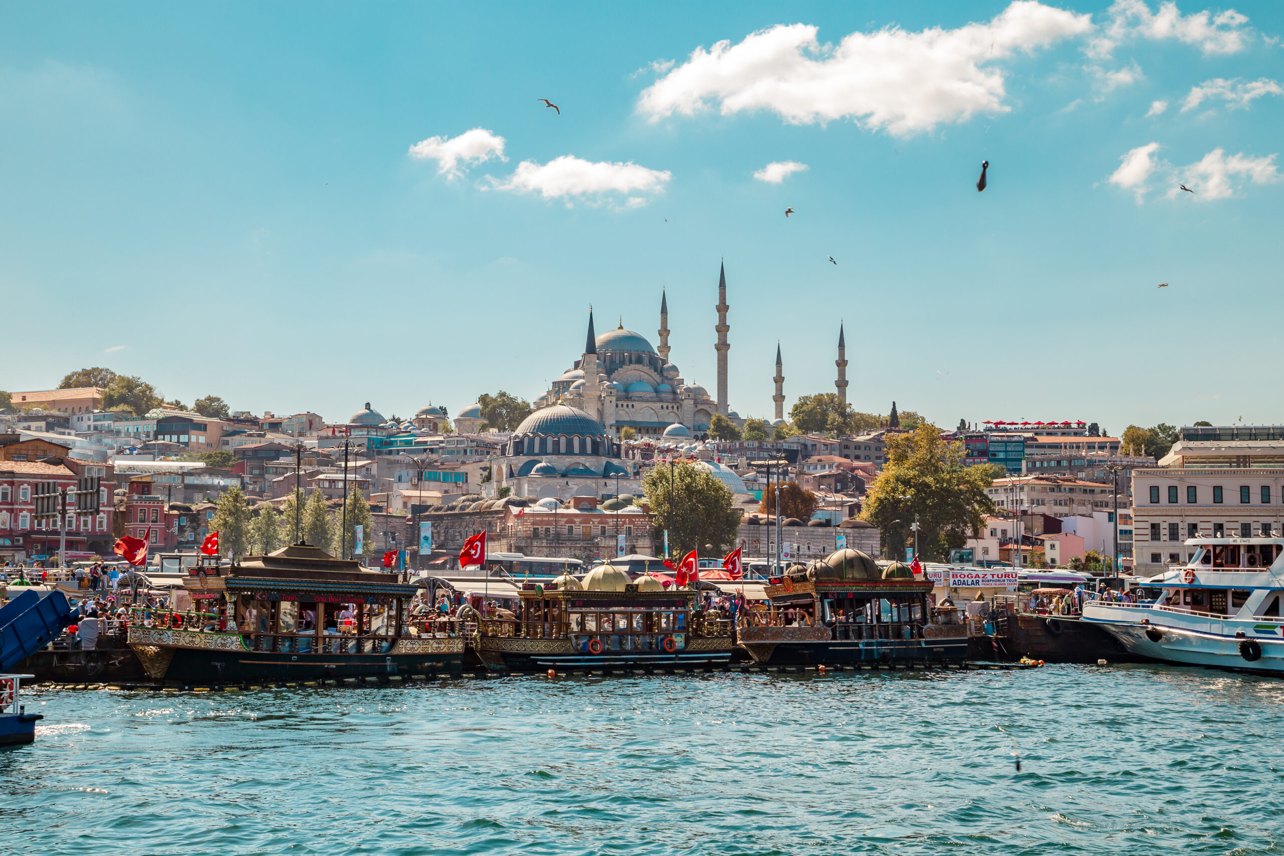 Strait of Bosphorus and Suleymaniye Mosque. Istanbul, Turkey - September 19, 2018.